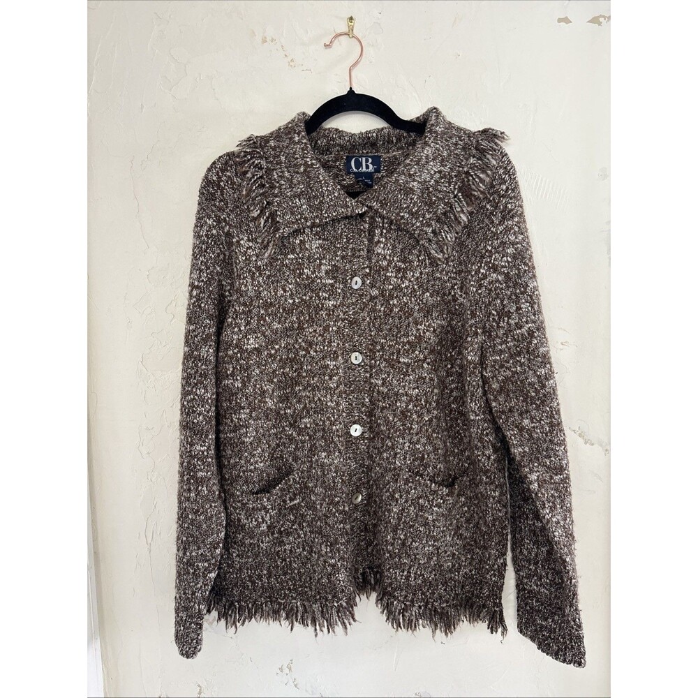 Women’s L Vintage CB Coastal Wool Blend Chunky Knit Fringe Cardigan Sweater